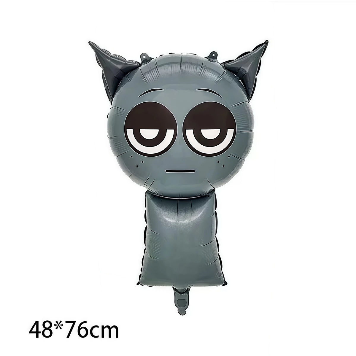A gray balloon shaped like a cat face with large eyes and pointed ears.