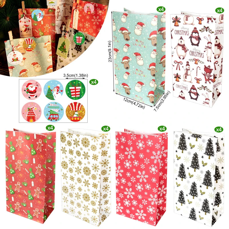 A set of 24 Christmas kraft paper gift bags with seal stickers in various festive designs.