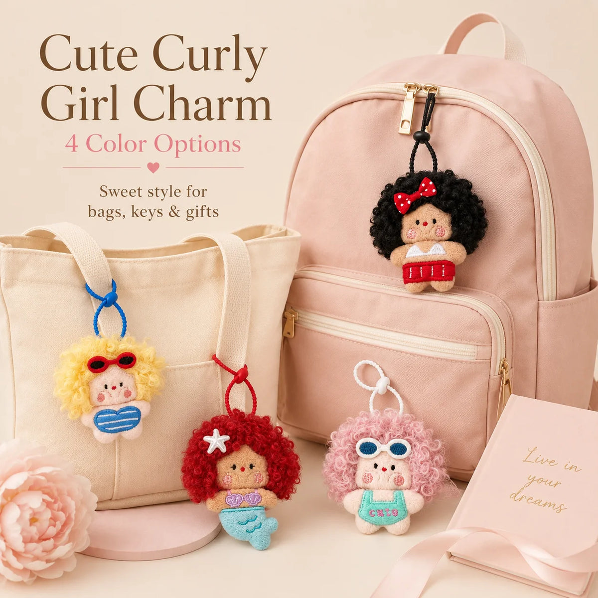 A pink backpack features four color options of cute curly girl charm plush keychains.