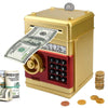 A gold-colored piggy bank with a keypad and slot, next to stacks of cash and coins.
