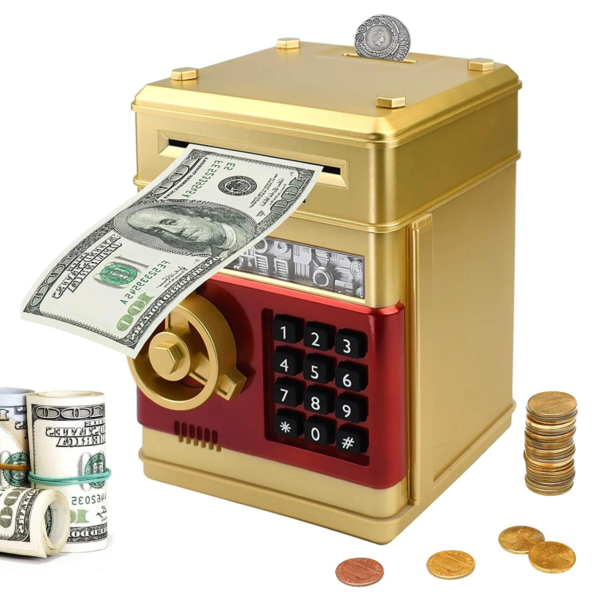 A gold-colored piggy bank with a keypad and slot, next to stacks of cash and coins.