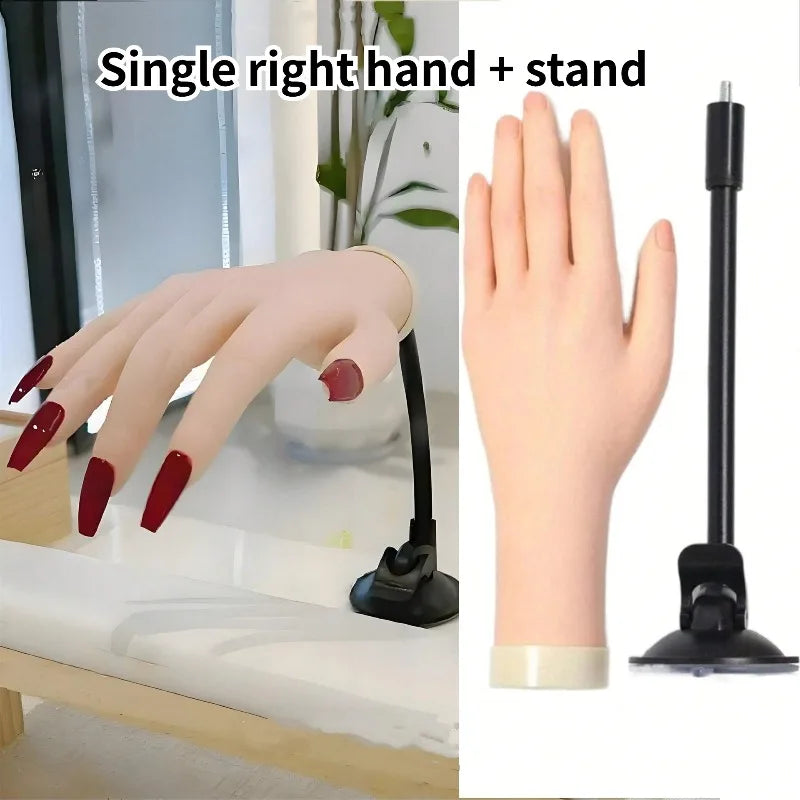 A single right hand with long nails is shown next to a stand for manicure training.