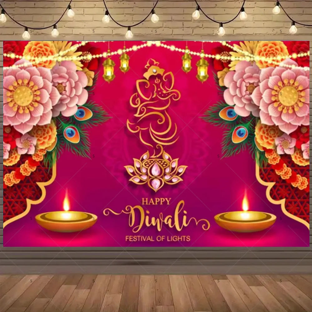 A vibrant pink and gold backdrop for Diwali celebrations featuring floral designs and lit candles.