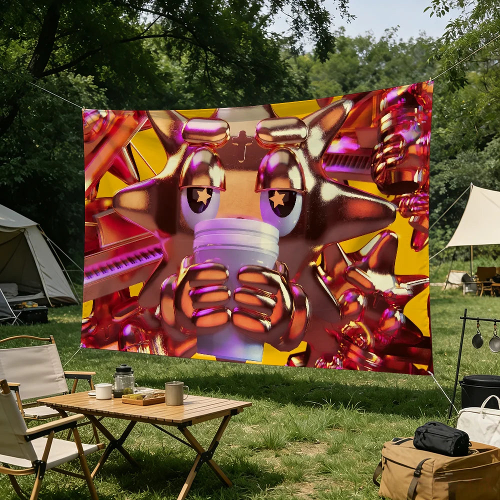 A large banner featuring a stylized, metallic, pink and gold musical instrument design hanging outdoors.