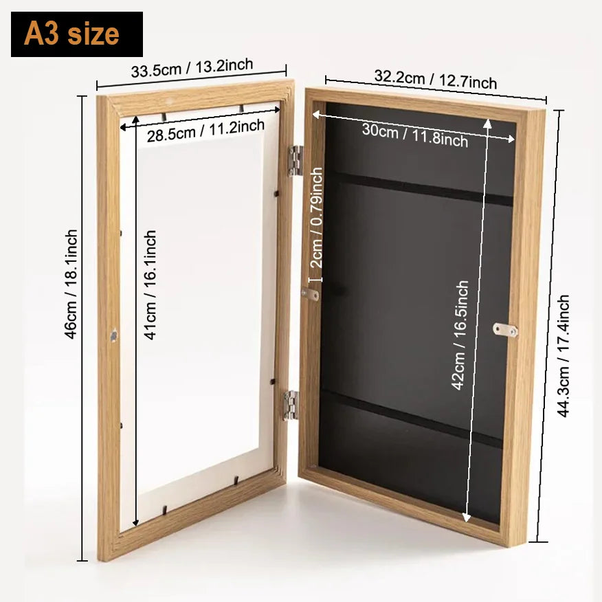 A wooden frame with a magnetic front opening displaying a dark interior for art or photos.
