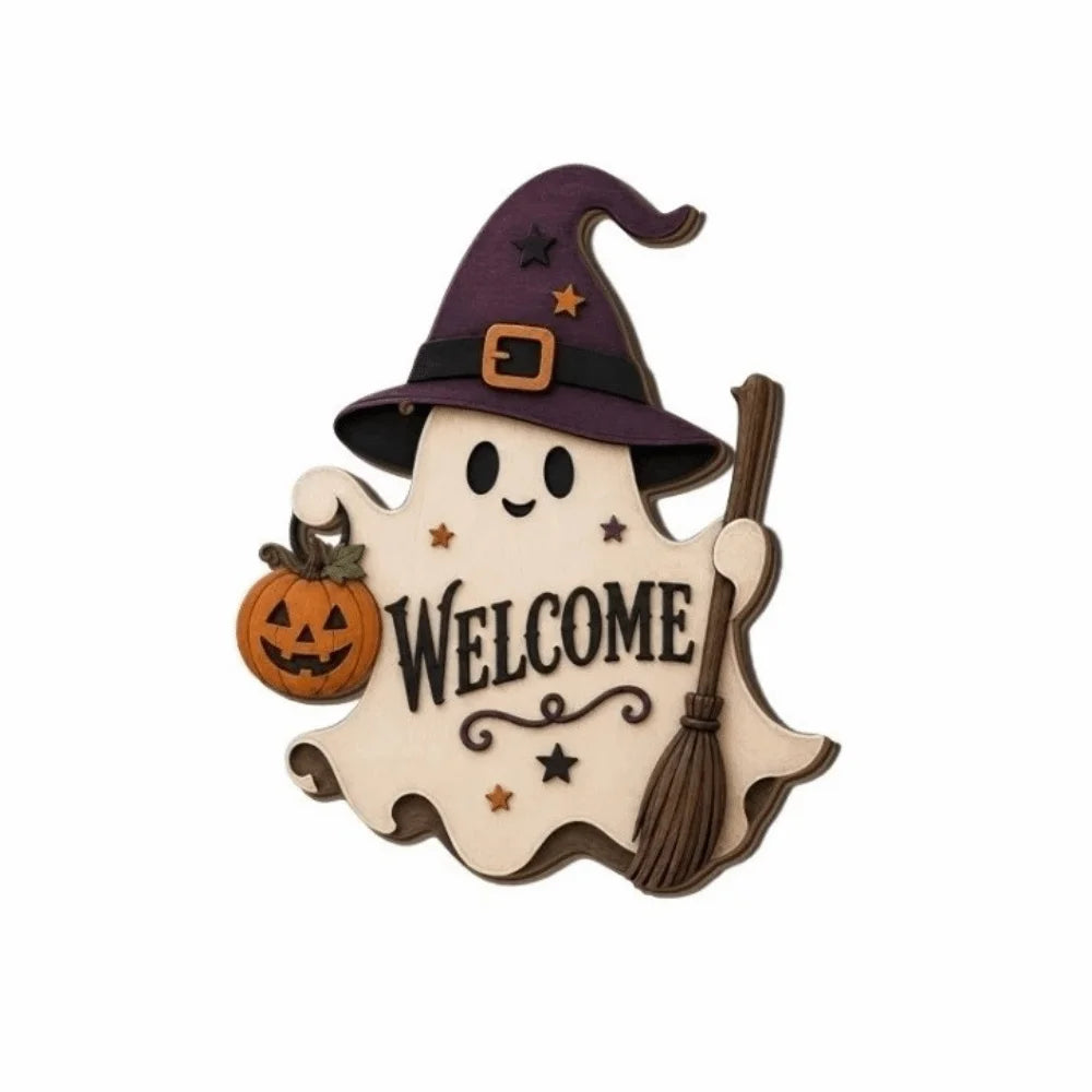 Wooden ghost door hanging featuring a witch hat and a ghost design with the word welcome