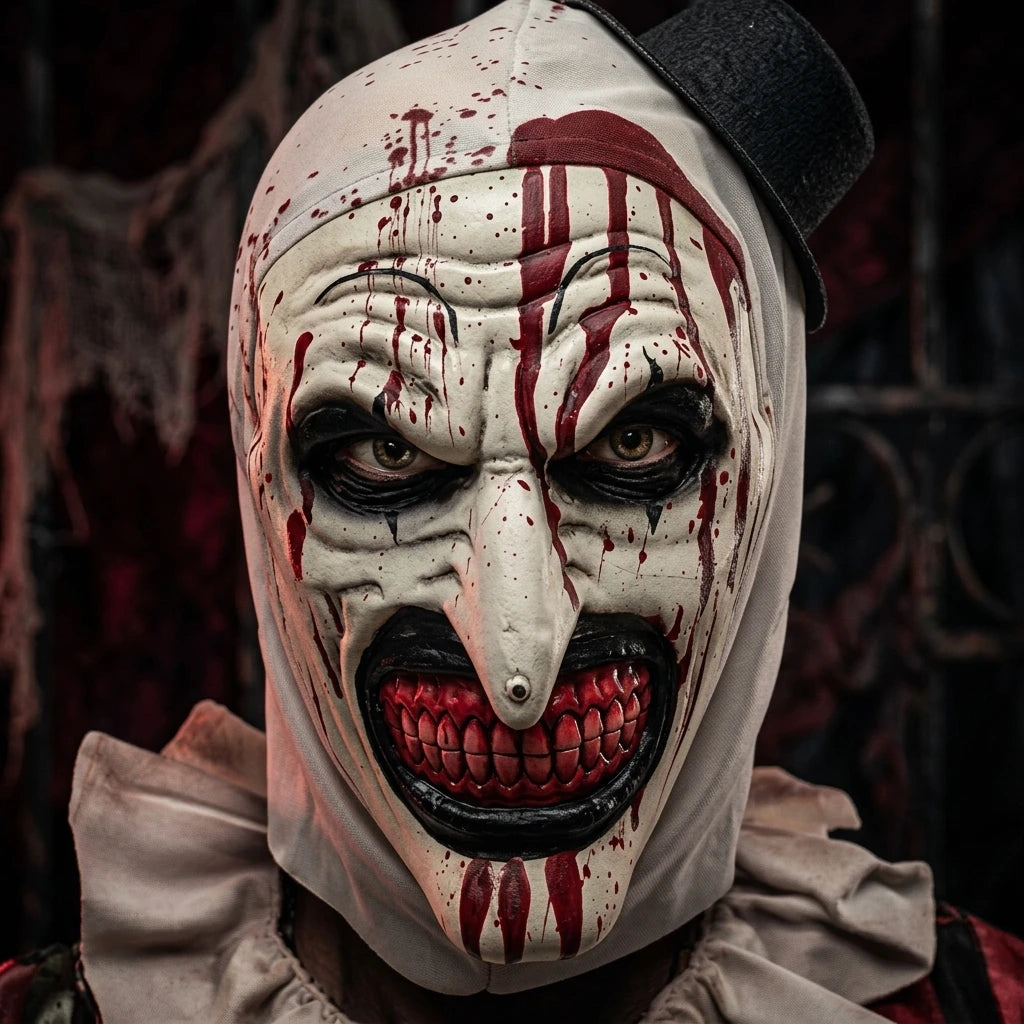 A close-up of a white horror clown mask with red paint drips and dark features.