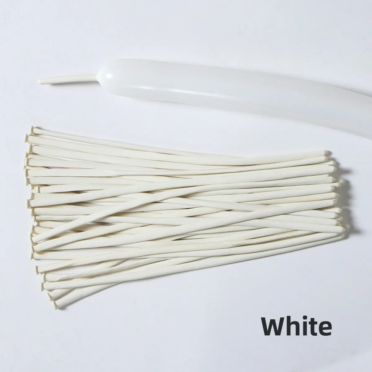 A bundle of white latex strip balloons and a white balloon nozzle.