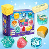 A box of squishy fun box toys featuring cheese cubes, butter, and various colorful squishy items like fruit and ice cubes.