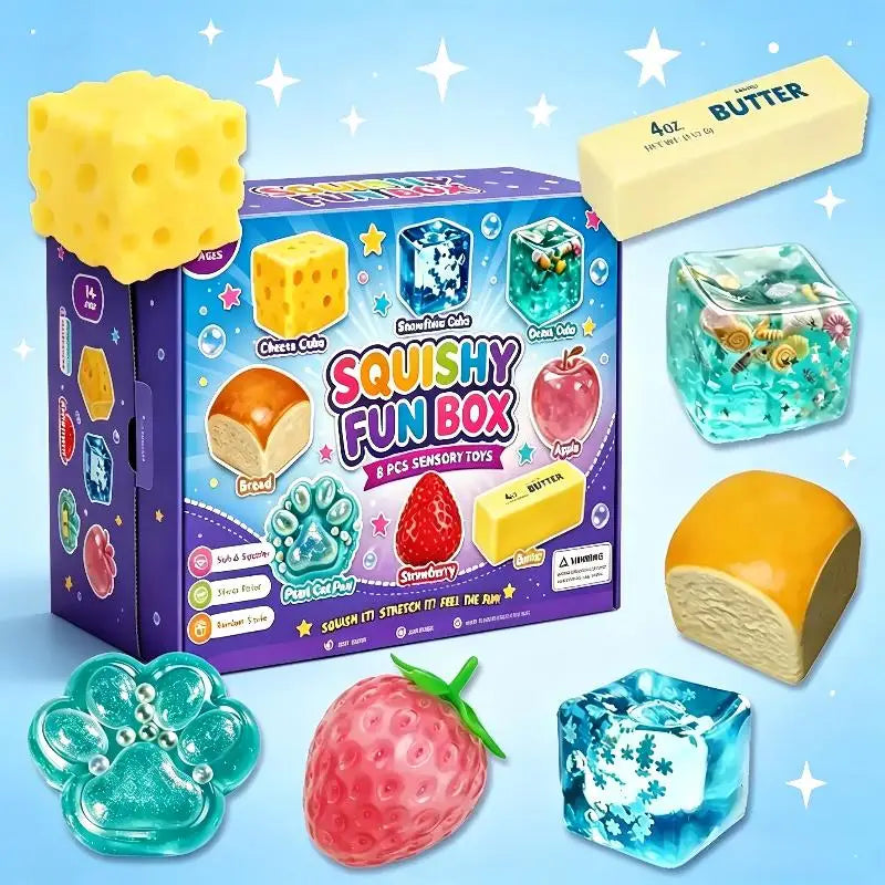 A box of squishy fun box toys featuring cheese cubes, butter, and various colorful squishy items like fruit and ice cubes.