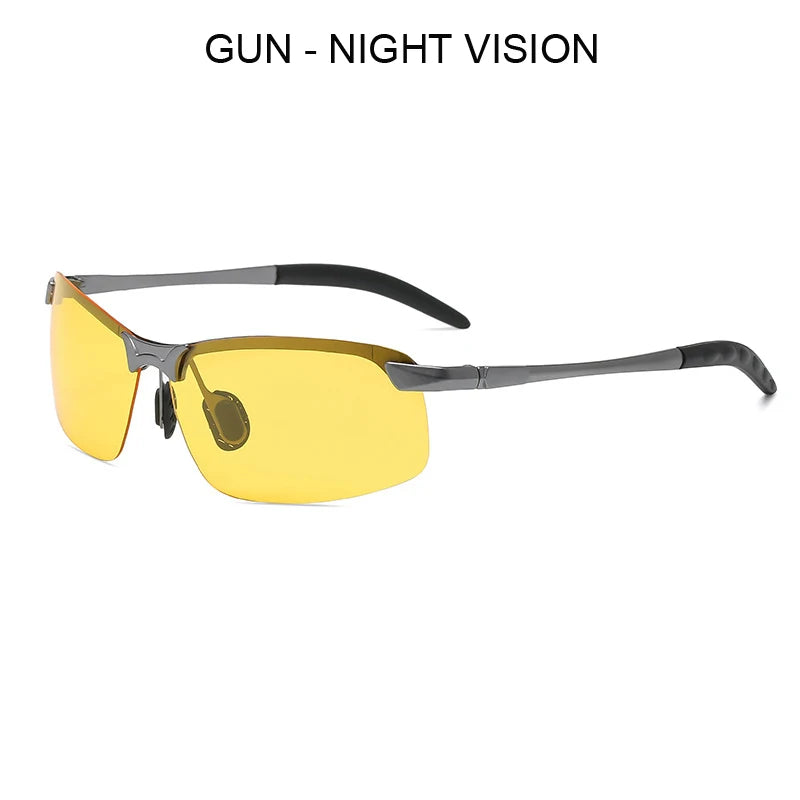 Yellow photochromic polarized driving sunglasses with a silver alloy frame