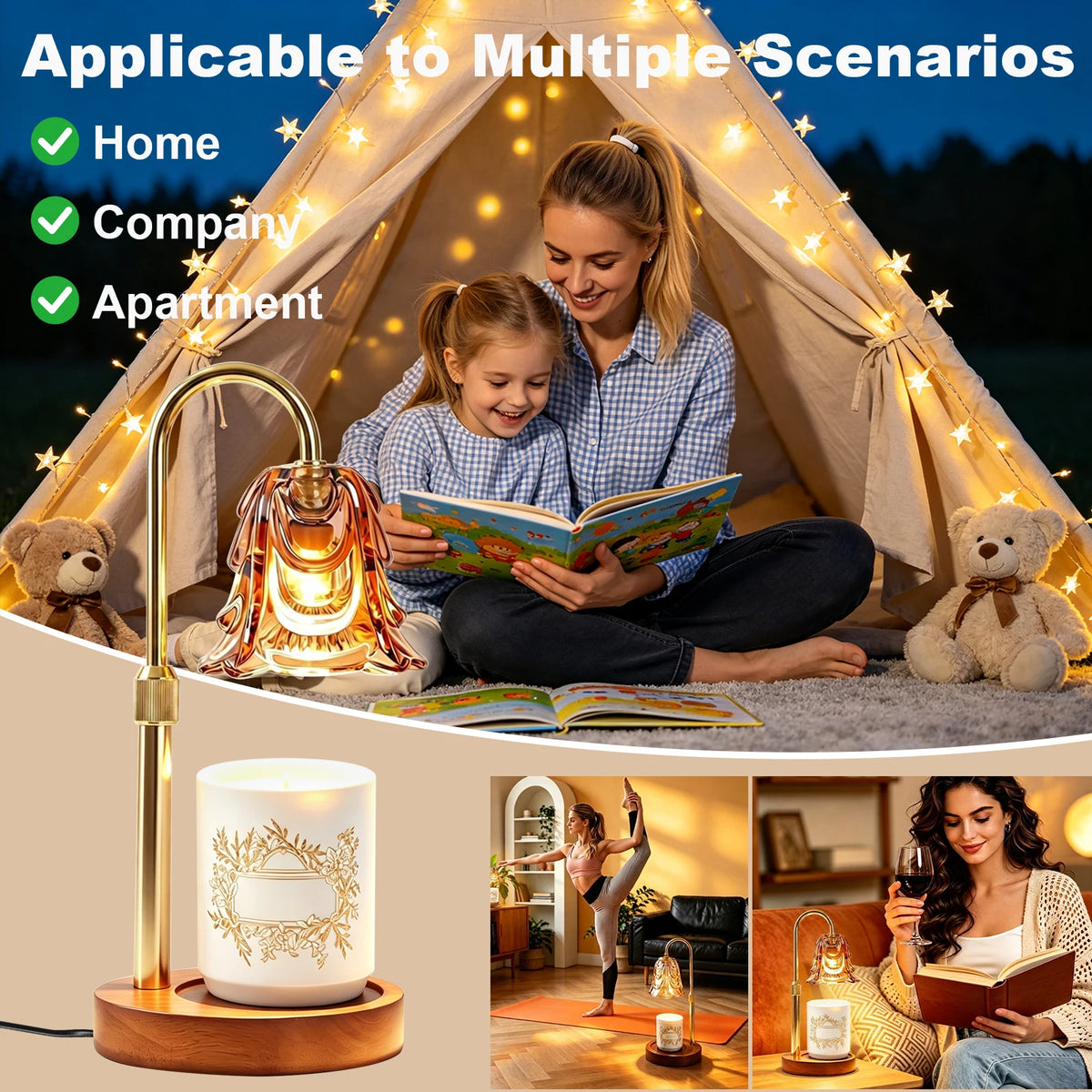 Elegant gold candle warmer lamp with timer and adjustable height shown in various home scenarios.