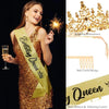 Gold glitter birthday queen sash and rhinestone tiara set with satin ribbon and glittering letters