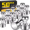 A set of fifty silver magnetic fridge magnets and pushpins displayed on a black box.