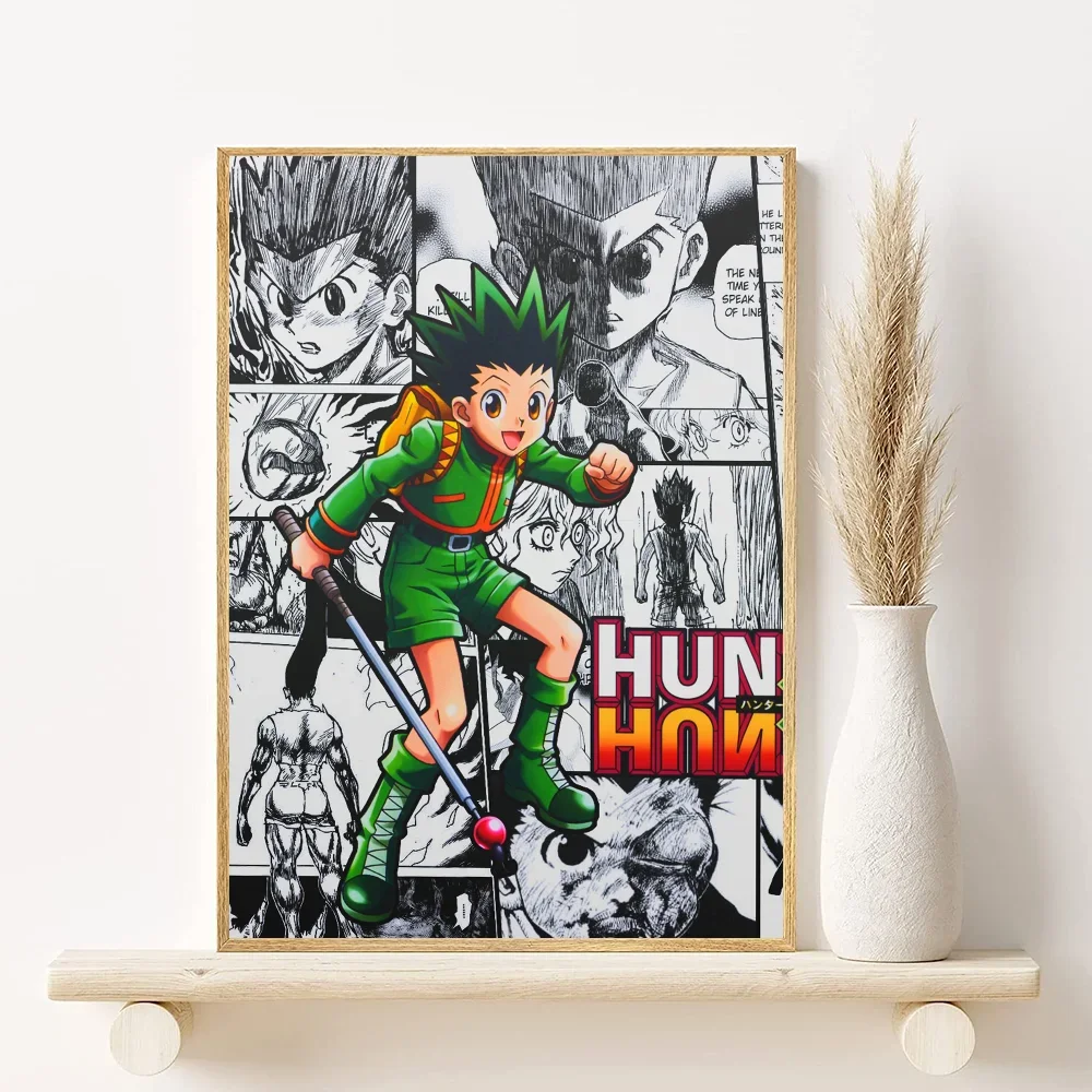 Canvas wall art featuring Hunter x Hunter characters Gon, Killua, and Hisoka in a black and white style.