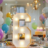 A glowing LED marquee number frame shaped like the number 6 sits on a table surrounded by balloons and birthday decorations.