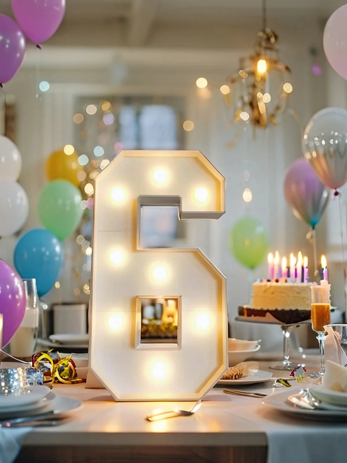 A glowing LED marquee number frame shaped like the number 6 sits on a table surrounded by balloons and birthday decorations.