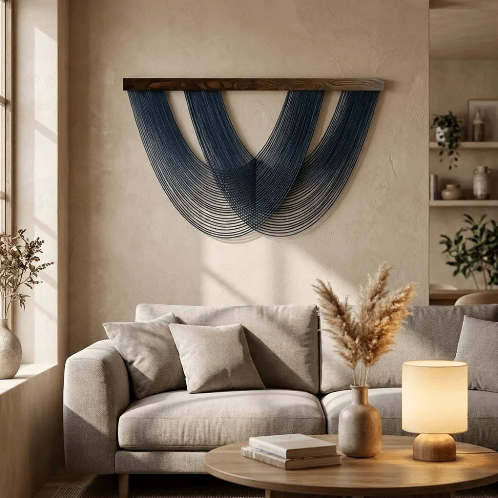 A bohemian macrame wall tapestry featuring deep blue knotted fibers hangs on a beige wall above a light gray sofa.