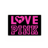 A black sign with the words LOVE PINK in bright pink, featuring a silhouette of a dog's head inside a heart.