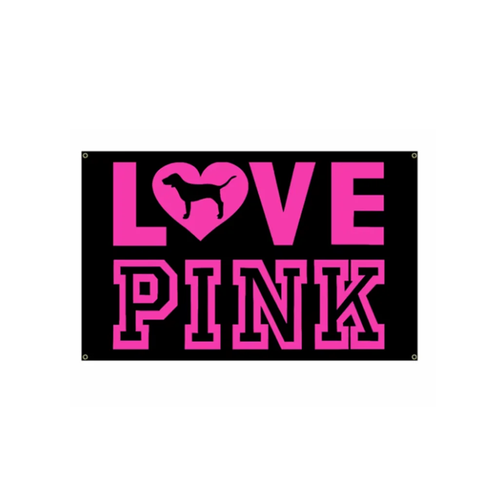 A black sign with the words LOVE PINK in bright pink, featuring a silhouette of a dog's head inside a heart.