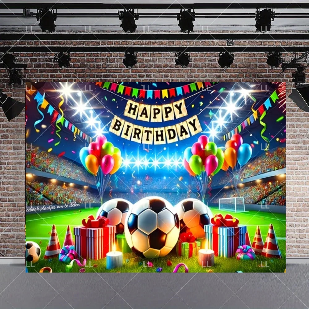 A vibrant soccer field backdrop decorated with balloons, confetti, and streamers for a birthday celebration.