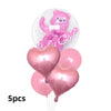 Five pink heart-shaped foil balloons featuring a bear design for birthday and baby shower decorations