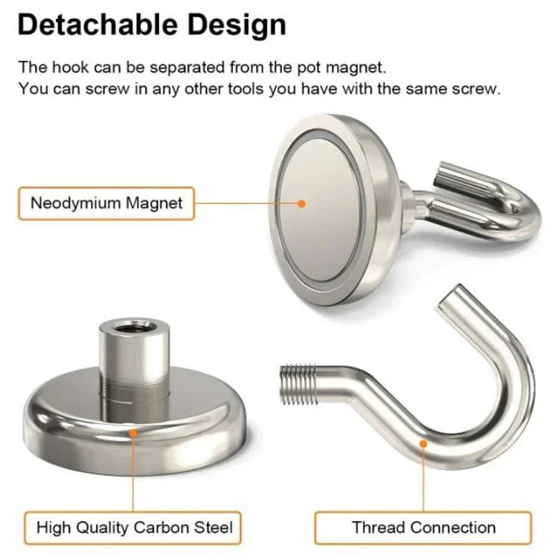 Close-up view of a detachable design magnetic hook made from neodymium magnet and high quality carbon steel with a thread con