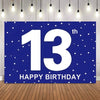 A dark blue banner with the number 13 and happy birthday text, decorated with white dots, hanging under string lights.
