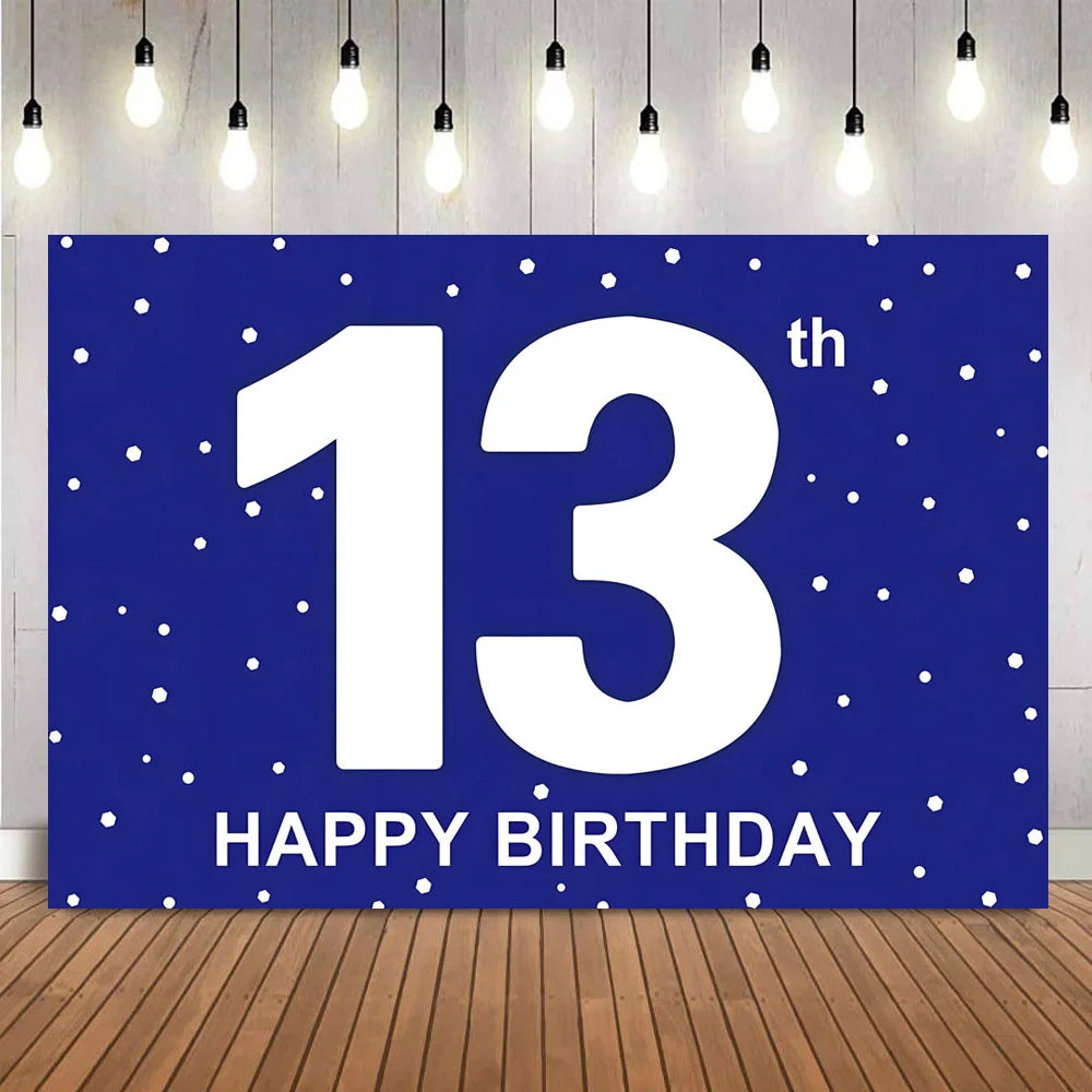 A dark blue banner with the number 13 and happy birthday text, decorated with white dots, hanging under string lights.