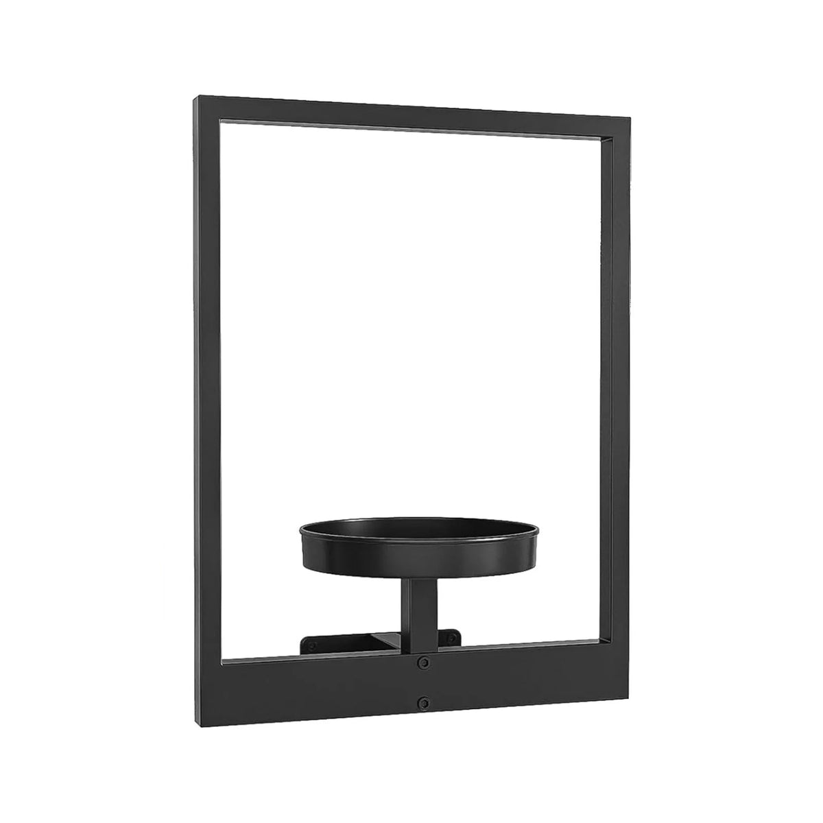 A black rectangular metal wall planter with a circular opening for succulents.