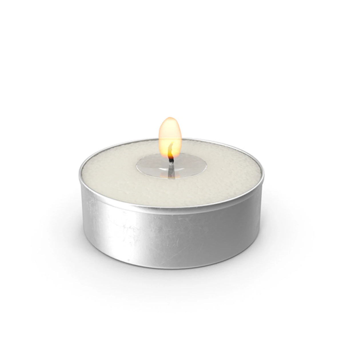 A silver tin candle holder with a lit yellow flame and white wax inside.