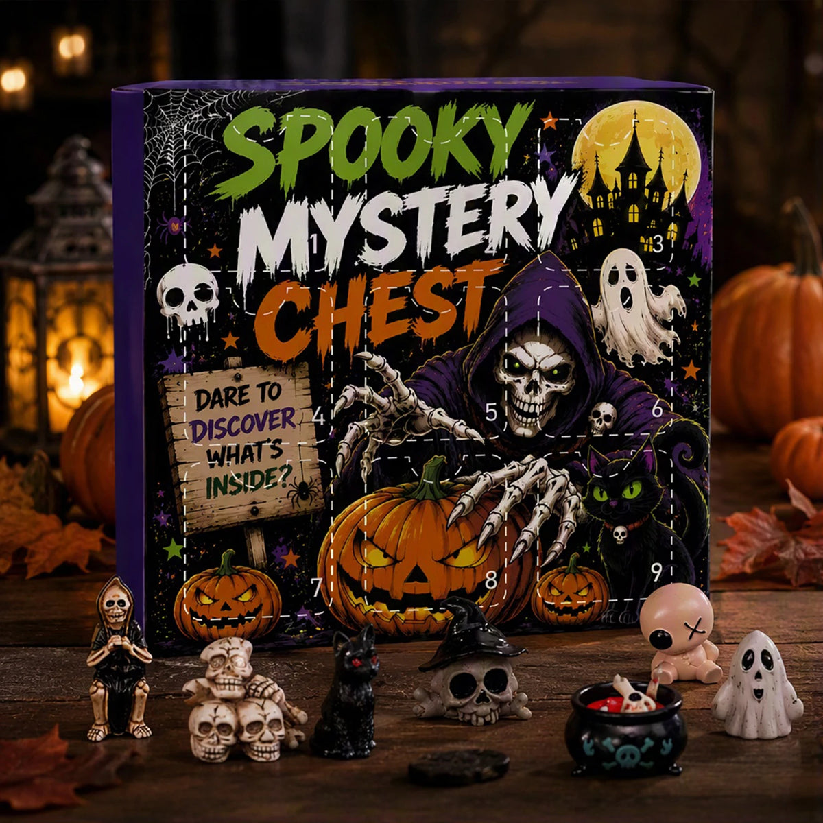 A box of Spooky Mystery Chest featuring various Halloween-themed resin figurines and pumpkins.