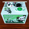A white plastic coin bank shaped like a panda, featuring an opening and a button labeled FUNNY PANDA.