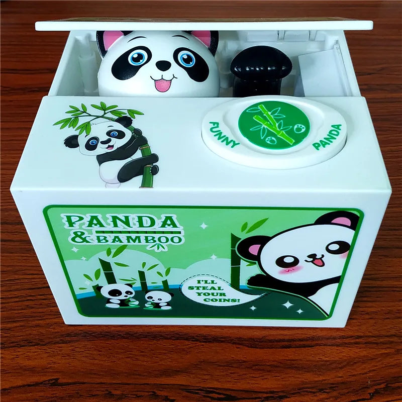 A white plastic coin bank shaped like a panda, featuring an opening and a button labeled FUNNY PANDA.