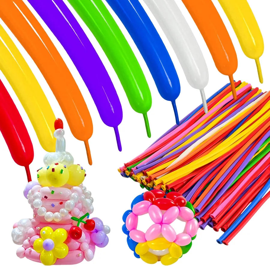A collection of colorful latex modeling balloons in various shades and sizes, including a hand pump.