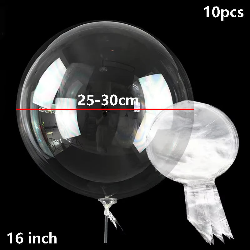 A clear bubble balloon is shown, measuring 25-30 cm, with a 16 inch scale reference.