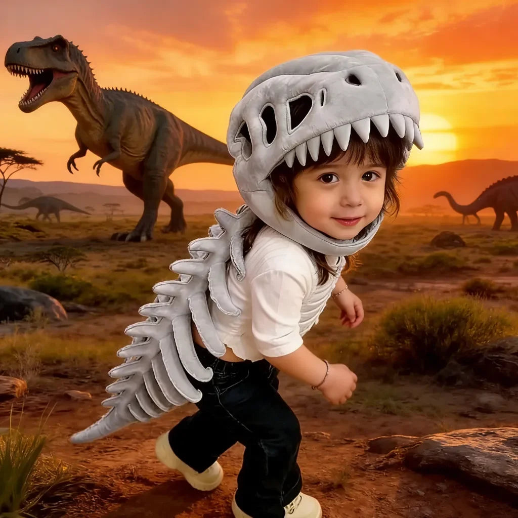 Una niña vestida con un disfraz de esqueleto de dinosaurio realista, de pie en un paisaje desértico al atardecer.