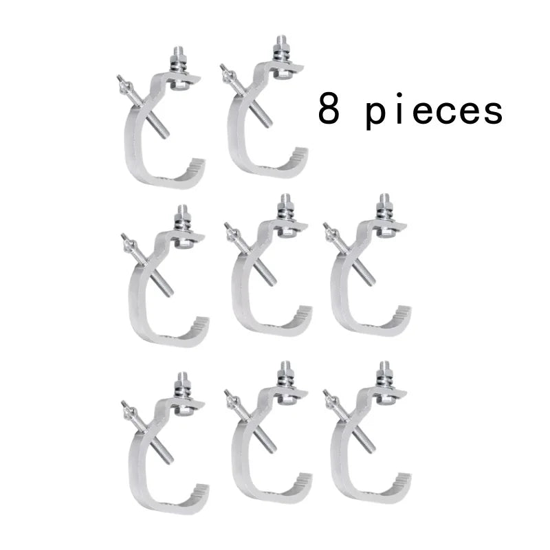 Eight pieces of silver aluminum C-clamp hooks used for stage lighting trusses.
