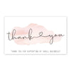 A white card with elegant black script saying thank you and a message for supporting a small business.