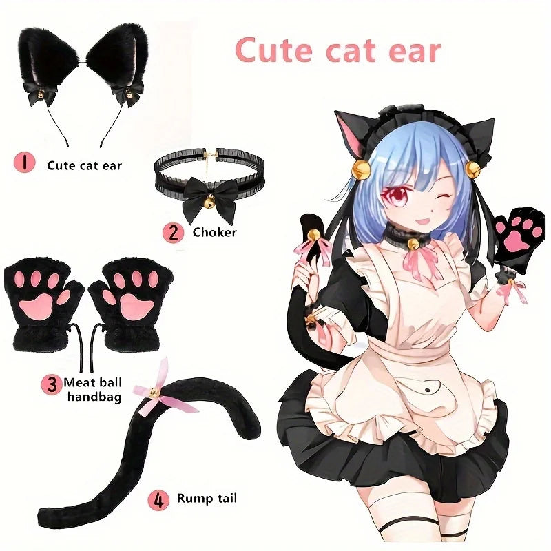 A female anime character wearing a black cat ear headband and black paw gloves with pink accents.