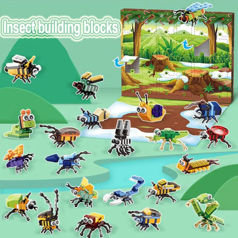 A collection of colorful jungle animal building blocks featuring various creatures like monkeys, insects, and birds.