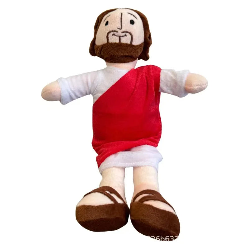 A plush doll set depicting Jesus and Mary with brown hair, a beard, and red and white clothing.