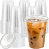 A set of clear plastic drinking cups and flat lids with iced tea inside.