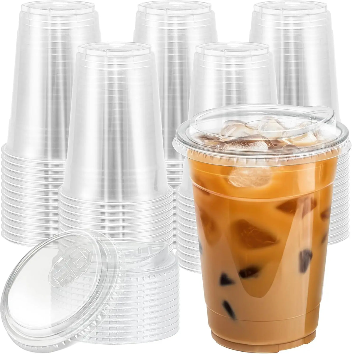 A set of clear plastic drinking cups and flat lids with iced tea inside.