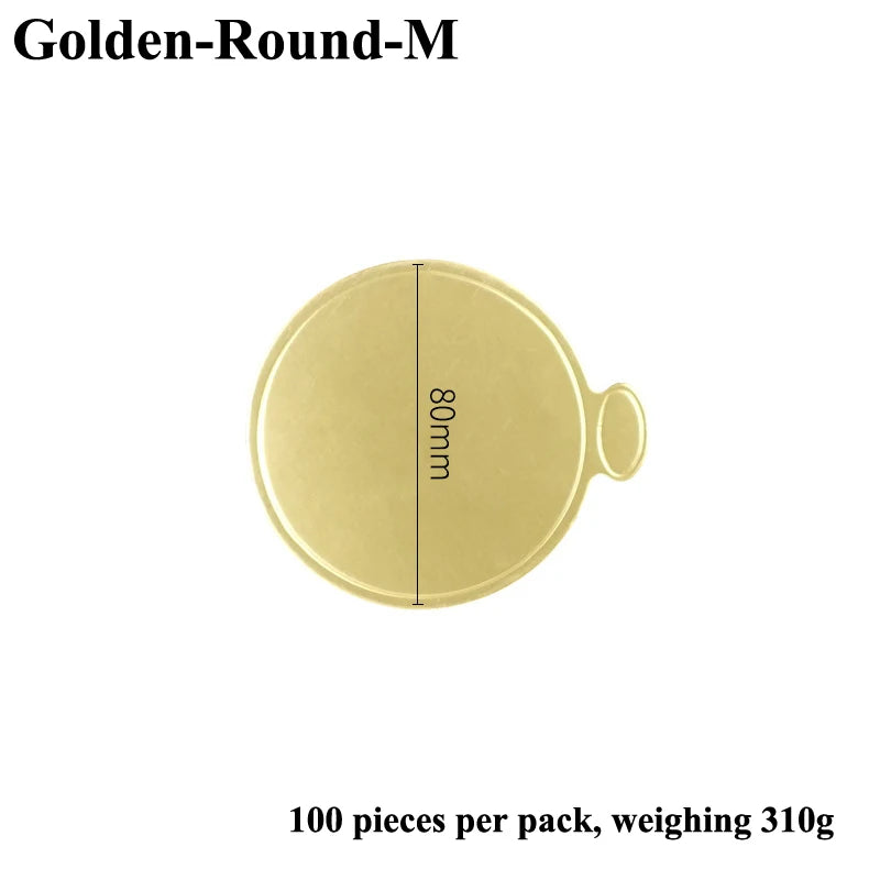 A round metallic gold dessert cake board with a 80mm diameter is shown.