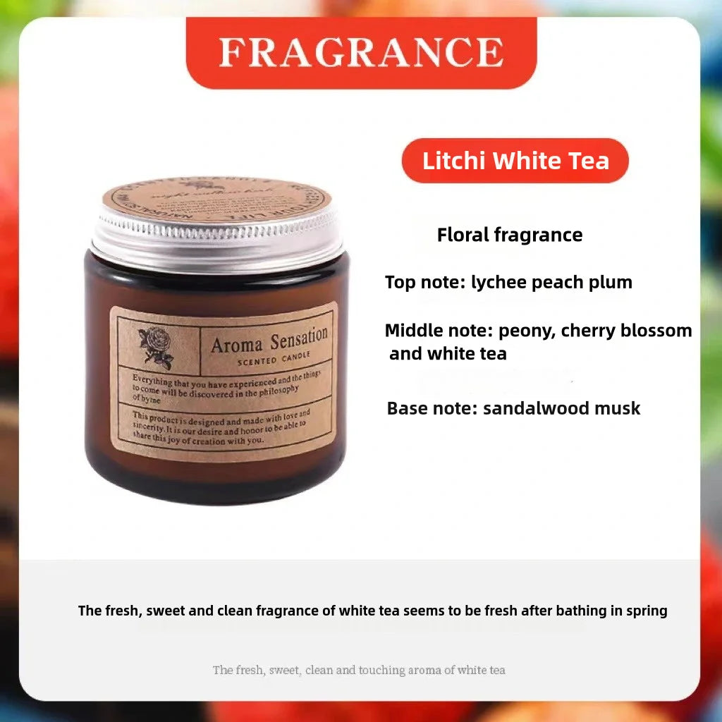 A jar of Litchi White Tea floral fragrance candle with a silver lid and a label.