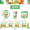 A set of dinosaur-themed birthday party supplies including balloons, a banner, and a cake topper.