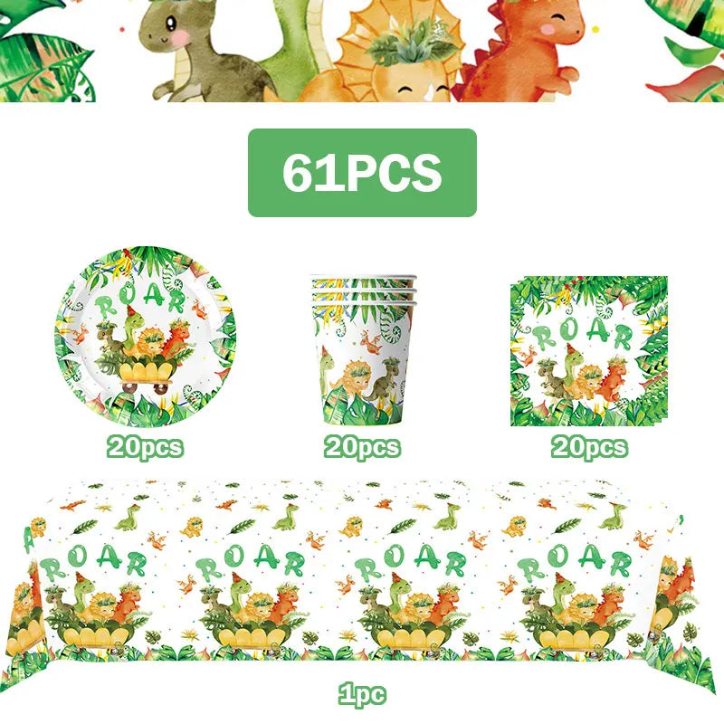 A set of dinosaur-themed birthday party supplies including balloons, a banner, and a cake topper.