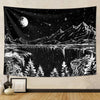 A black tapestry depicting a starry night landscape with mountains, water, and trees in white and gray.