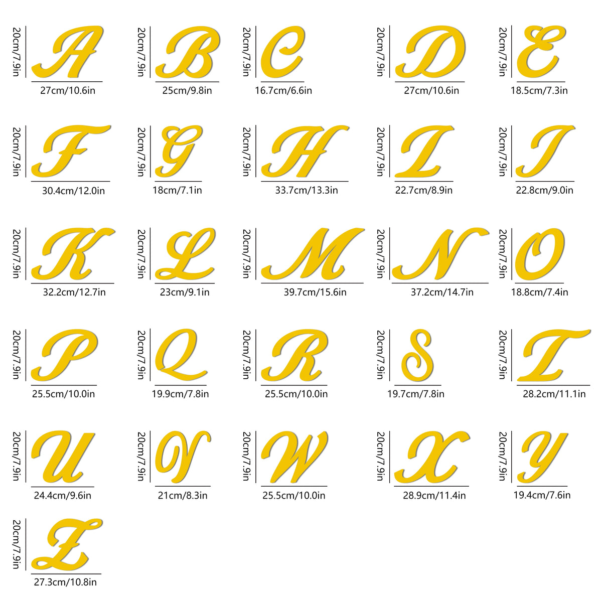 A set of gold 3D acrylic letter wall stickers in various sizes and styles from A to Z.